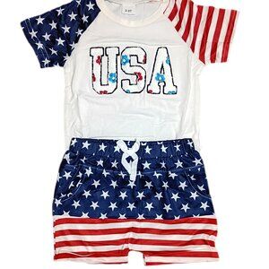 Toddler Boys T-Shirt Pants Red Whit & Blue 4th of July USA Flag Set 2-3T